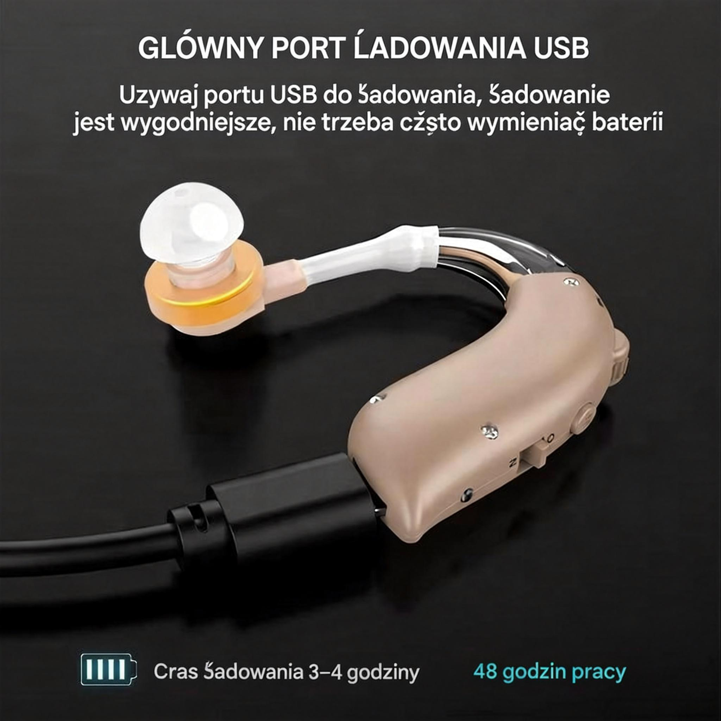 Inteligentny aparat słuchowy 2026, zaawansowana technologia redukcji hałasu, zaprojektowany specjalnie dla seniorów, wygodny do noszenia przez cały dzień.